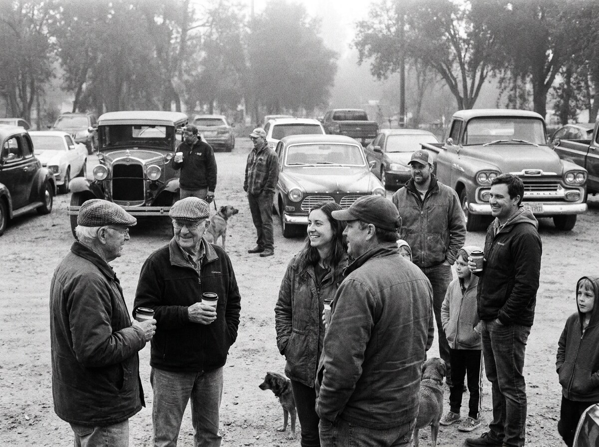 Rassemblement de passionnés autour de véhicules de collection, photo en noir et blanc